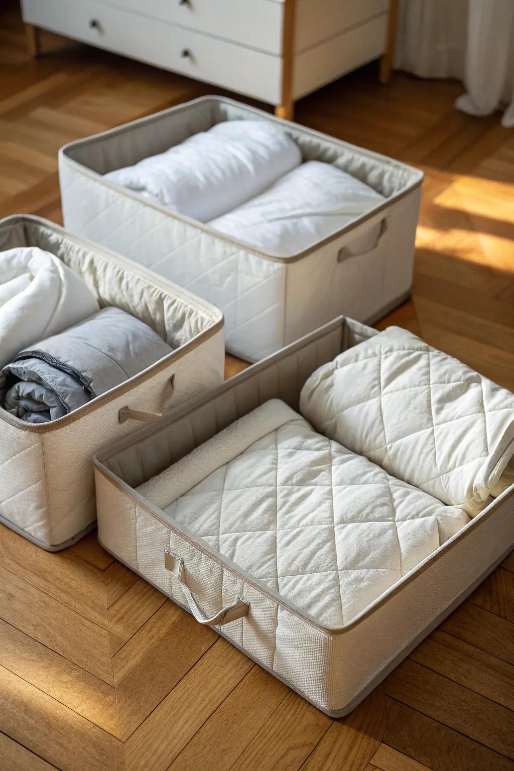 Under-bed storage boxes are excellent for keeping duvets hidden yet convenient.