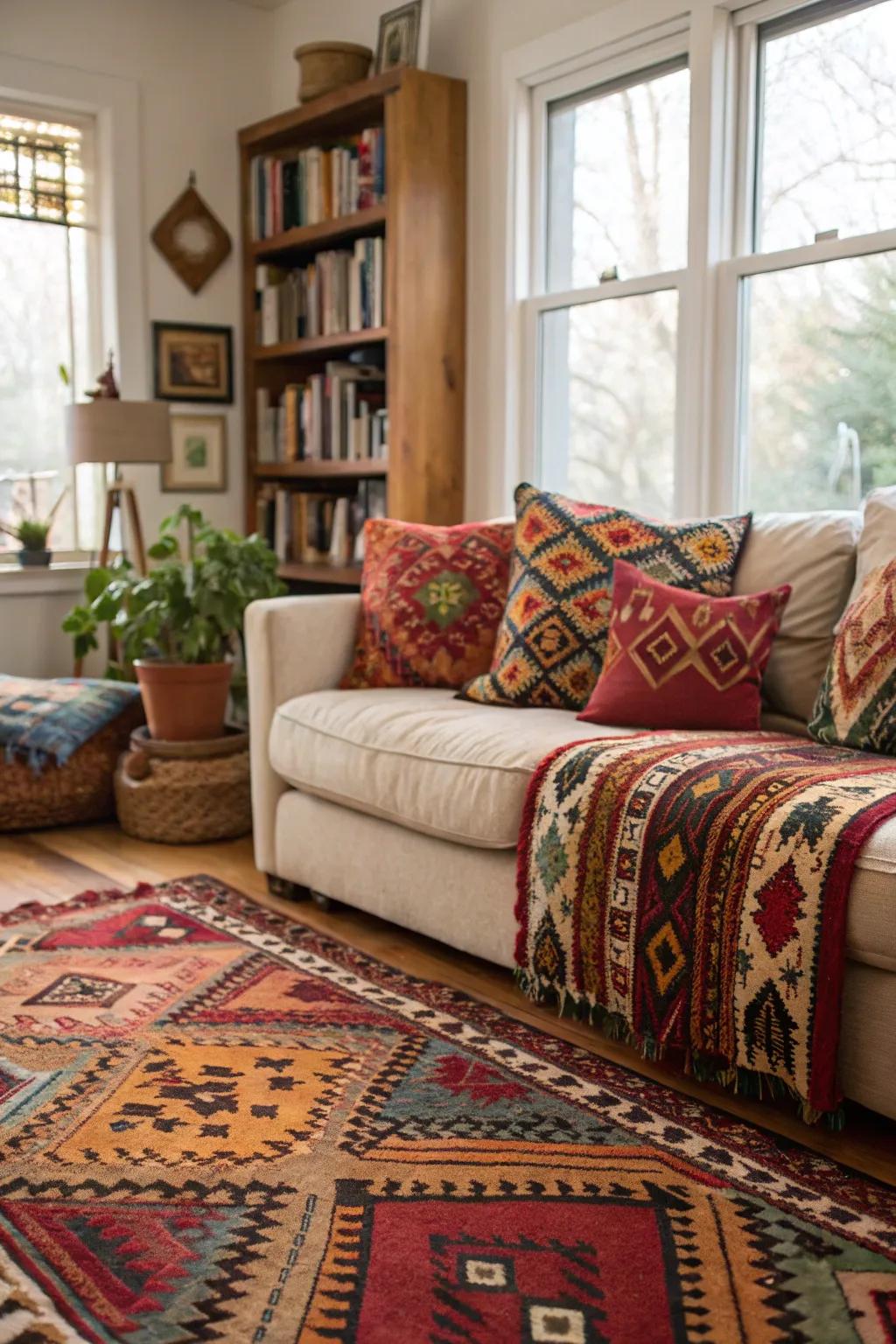 Lounge featuring tribal patterned ornamentation for a vagabond aura.