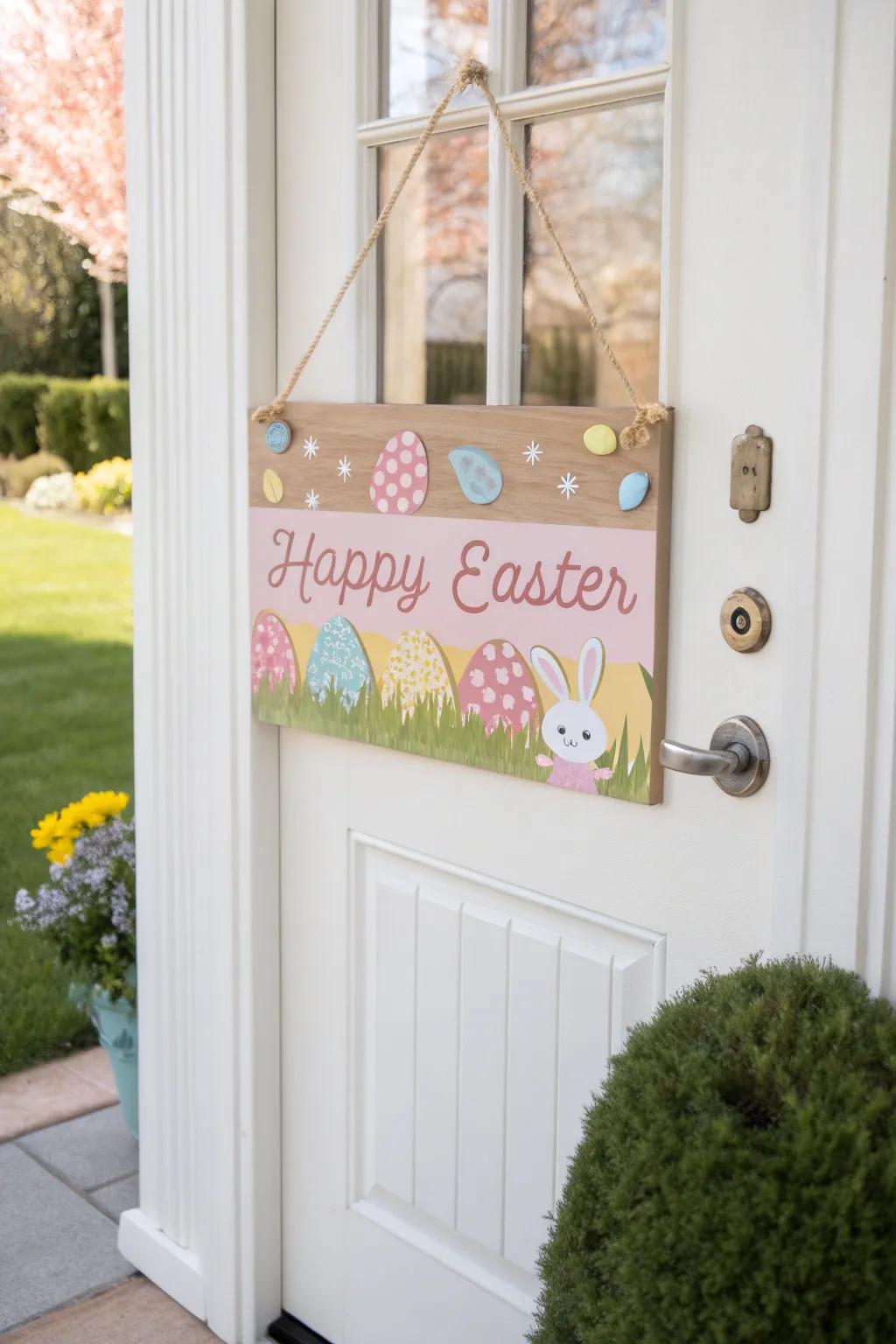 A wooden sign conveying a cheerful Easter message warmly welcomes visitors.