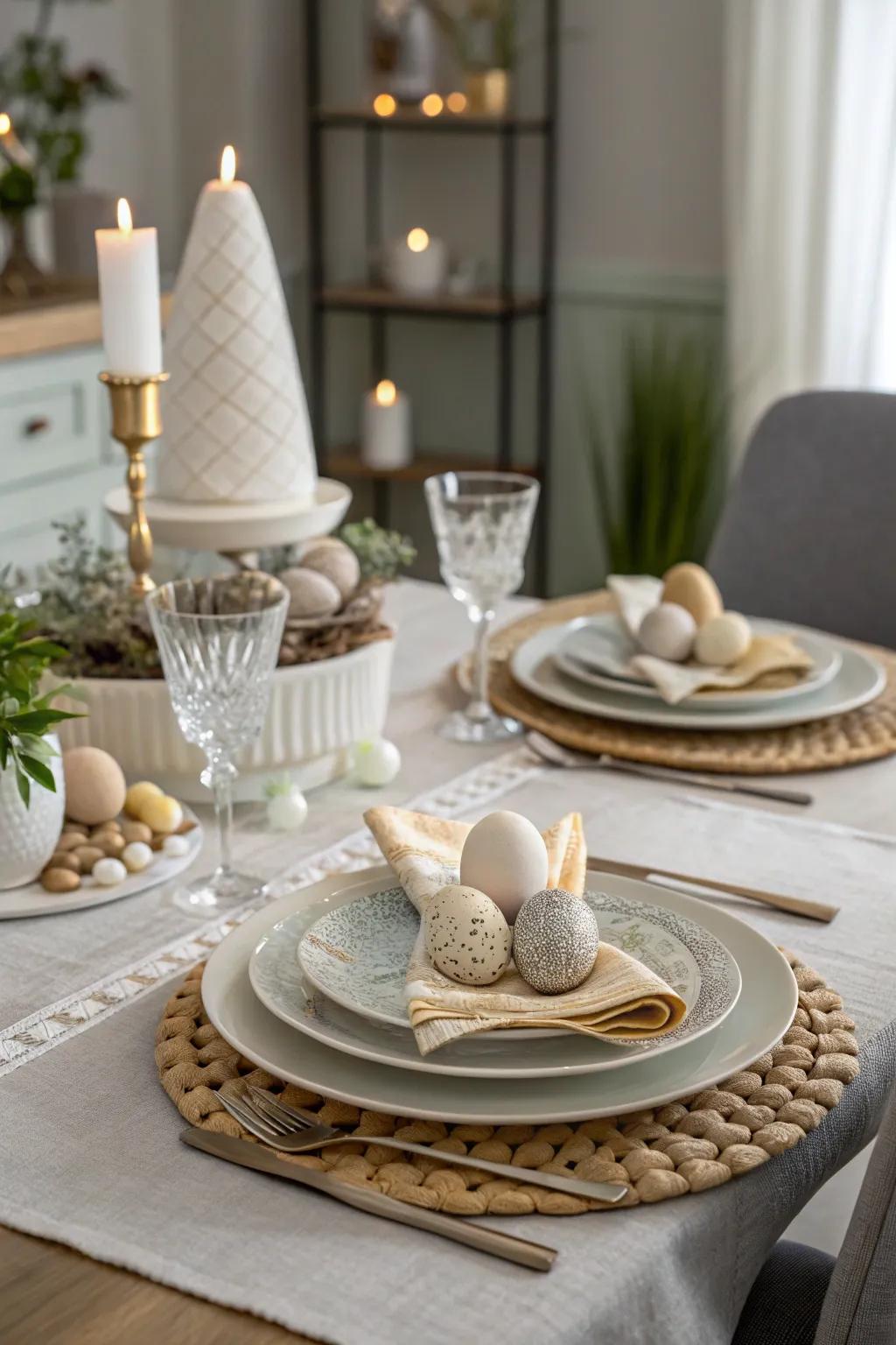 Layered plates and textured cloths bring elegance.