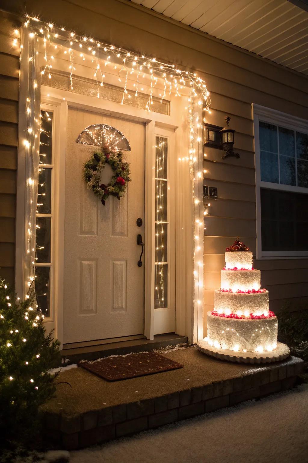 Pristine illumination strands fashion a bewitching glaze effect around the portal.