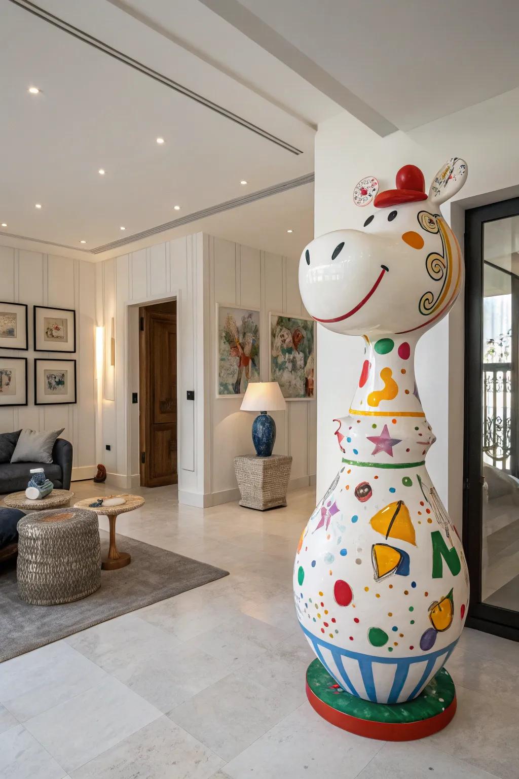 A large ceramic figure gives a fun twist to the décor.