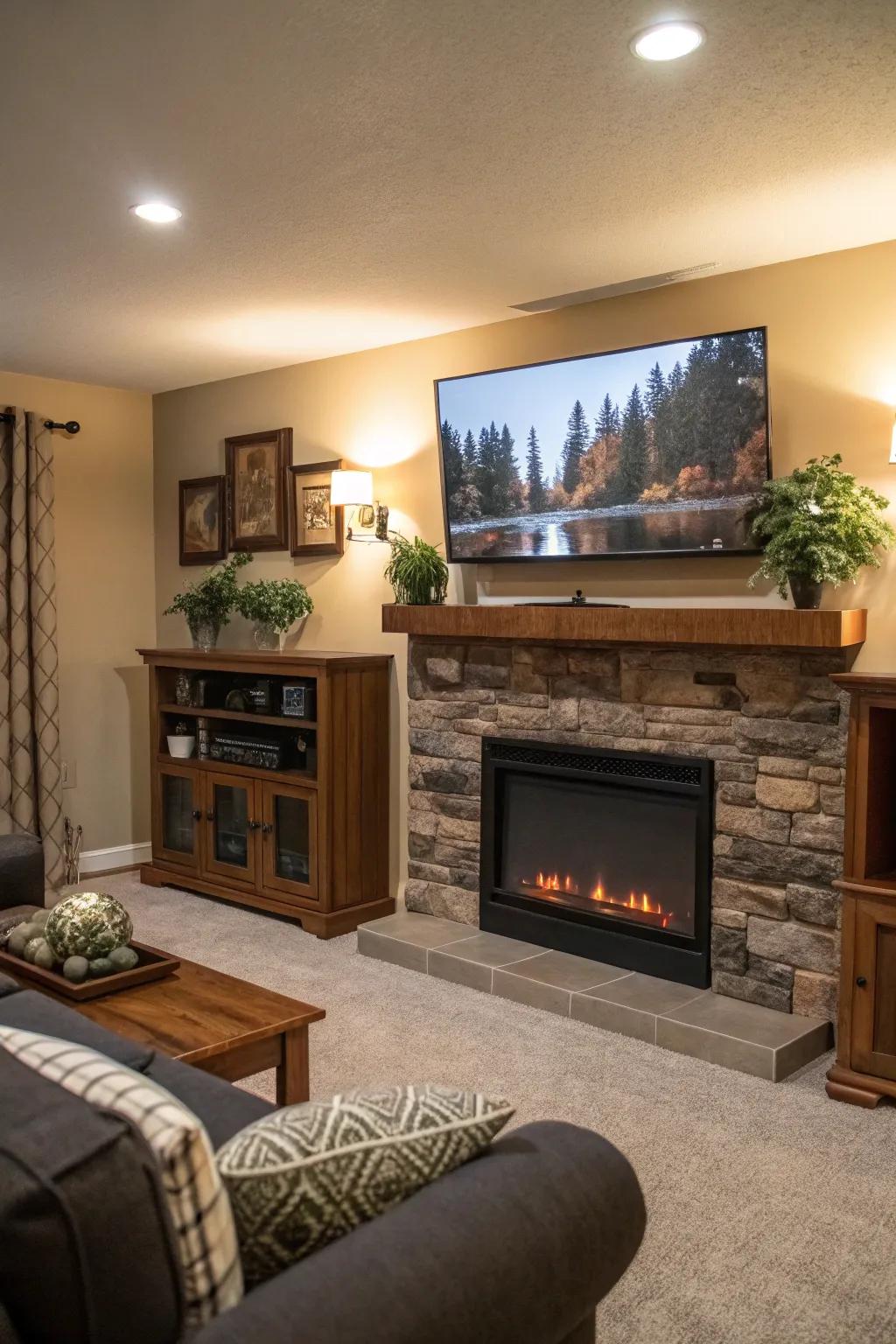 An entertainment wall uniting entertainment with warmth.