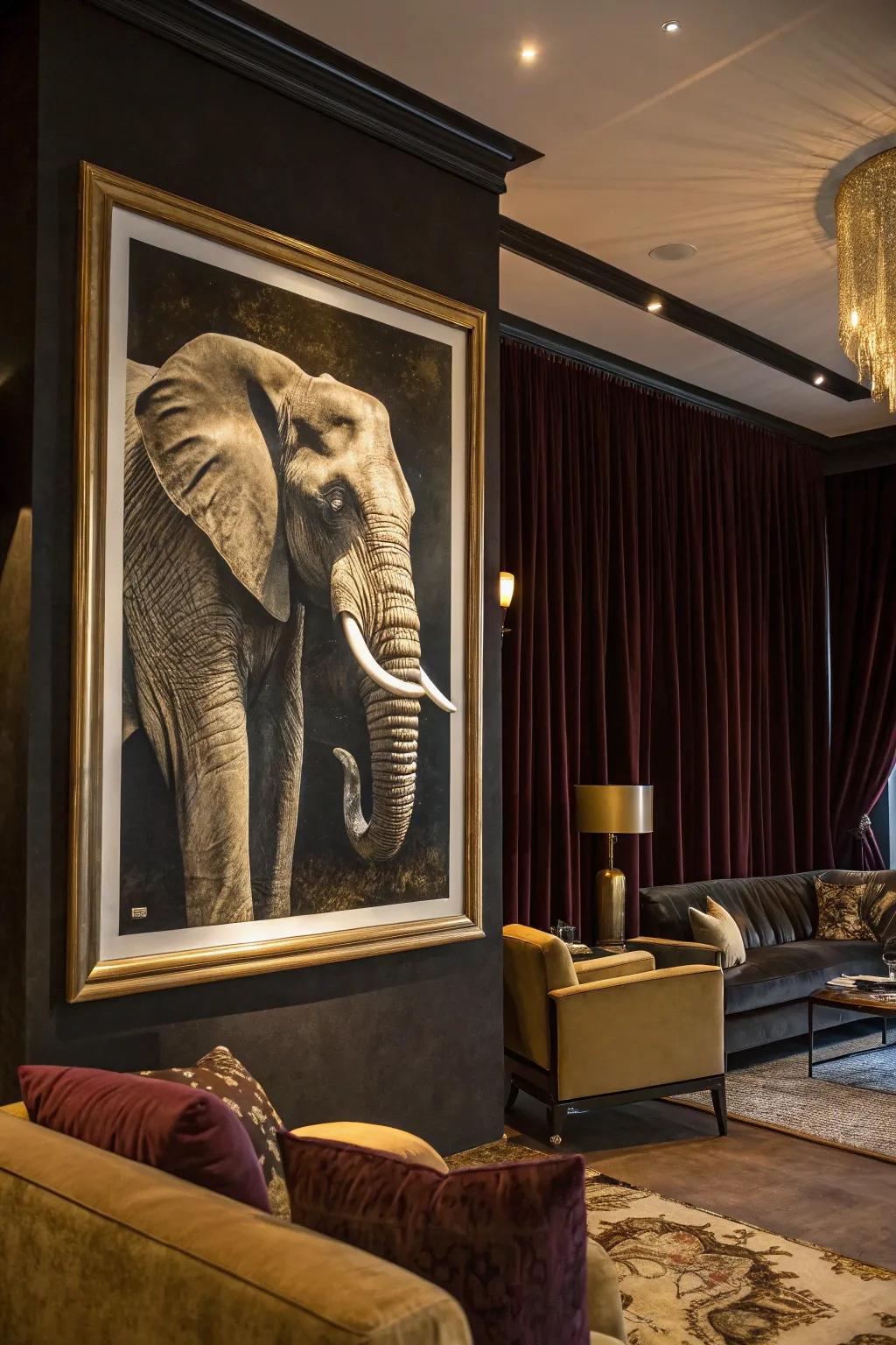Metallic highlights in elephant artworks impart a luxurious sensation to your decor.