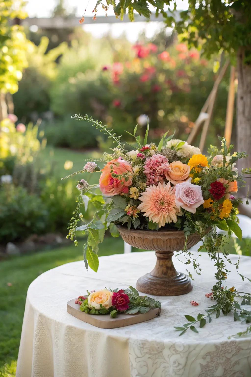 Botanical centerpieces inject a burst of color into garden tables.