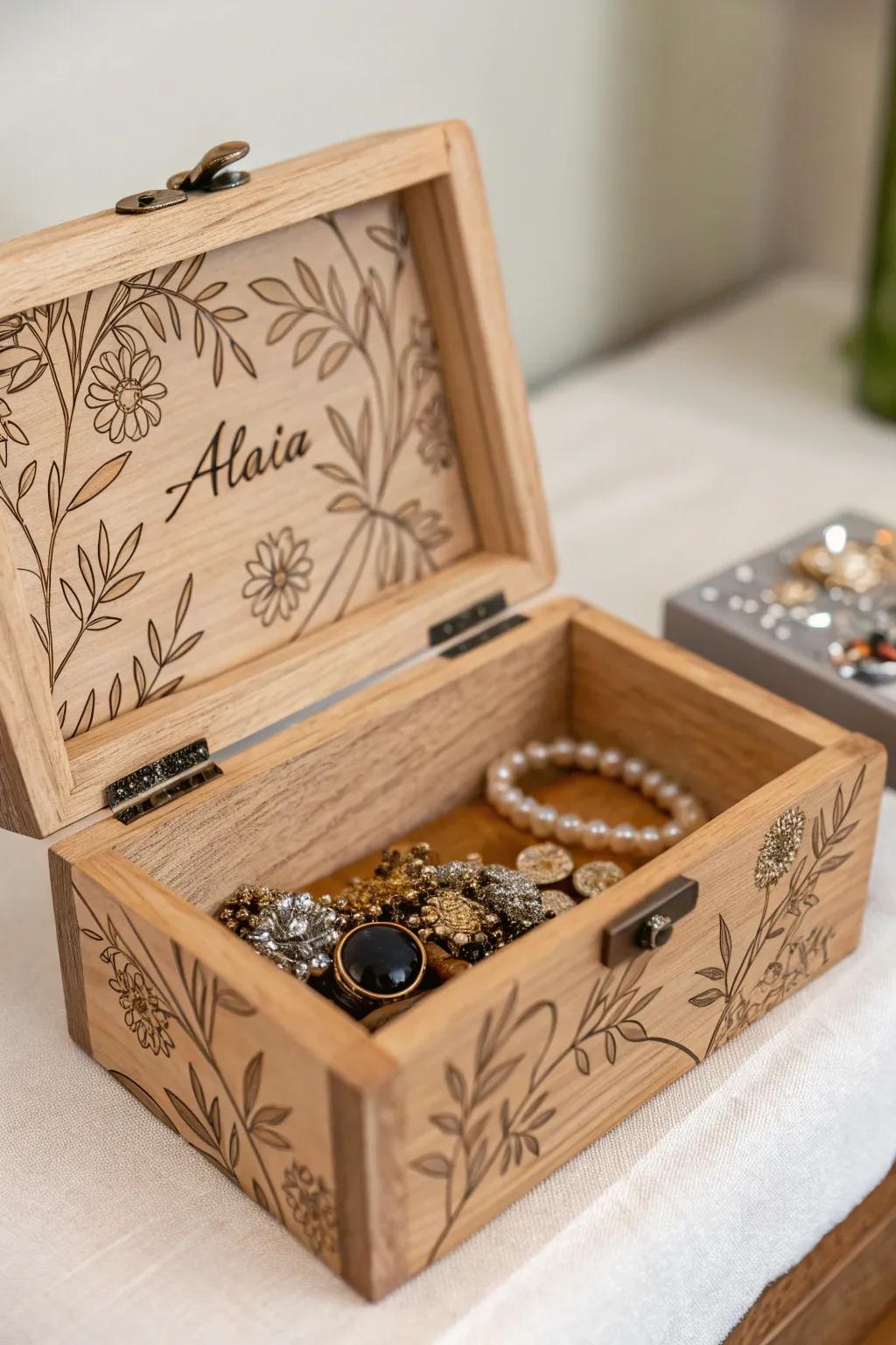 An etched storage chest is not only functional but adds a touch of beauty to any vanity.