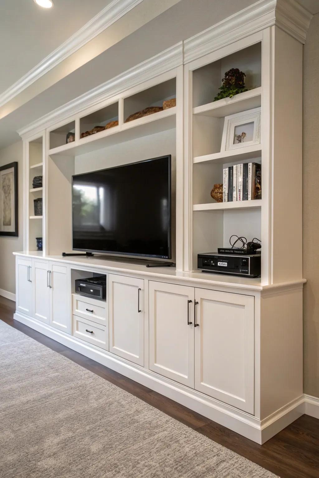 An entertainment hub featuring intelligent storage with built-in cabinets.