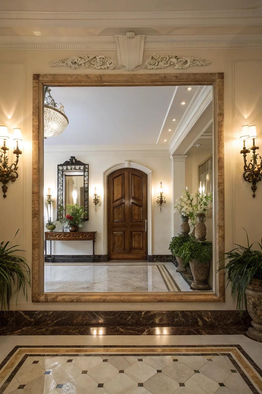 Fixtures introduce understated grace to this foyer.