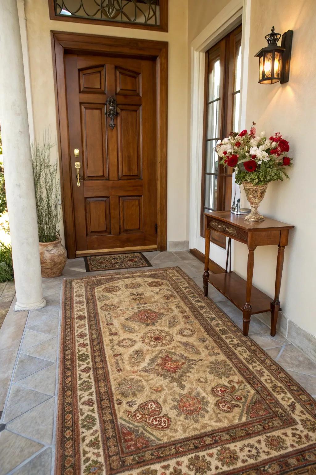 A floor covering enhances warmth and beautifully defines the entryway space.
