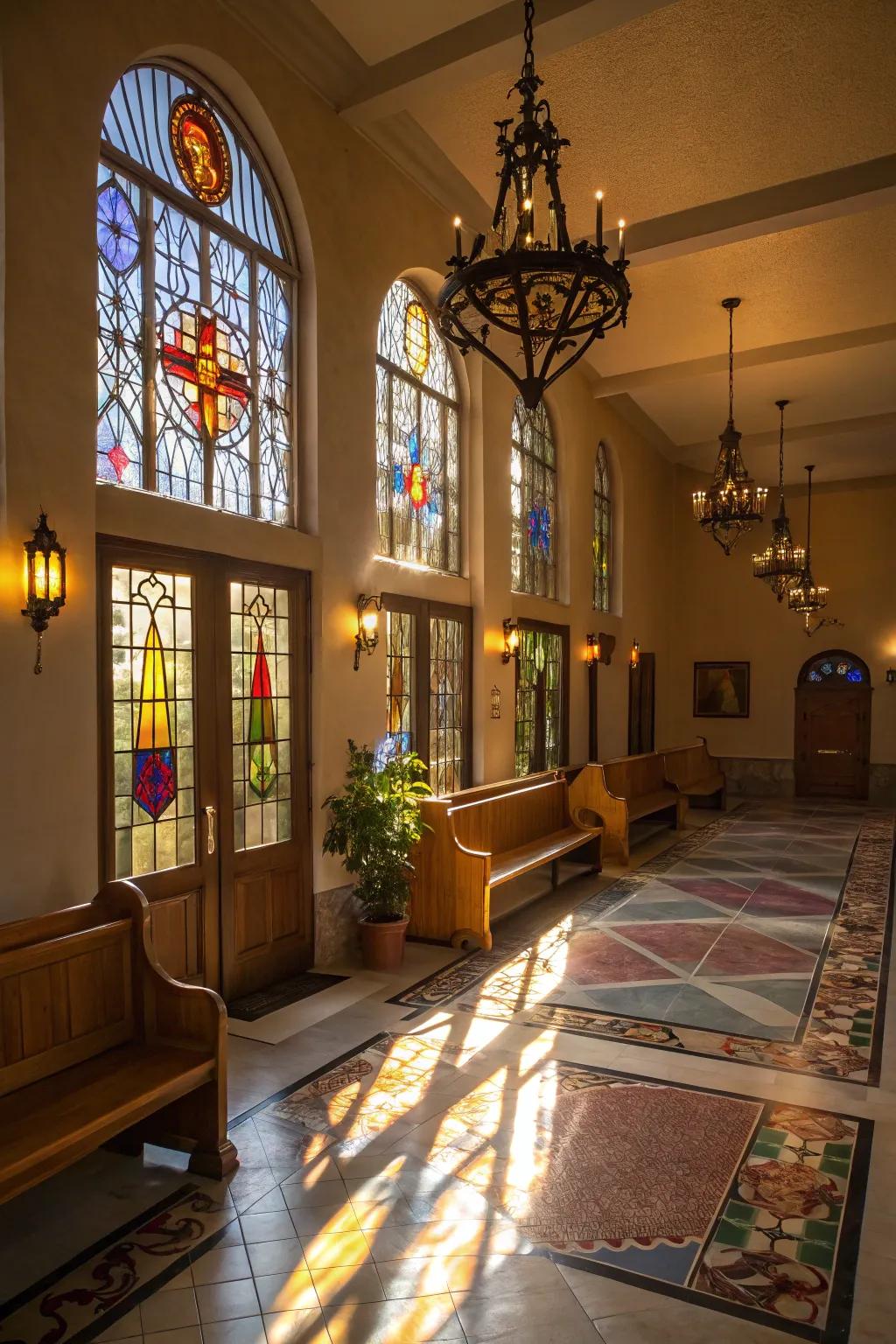 Strategic lighting enhances the serene atmosphere of the church foyer.