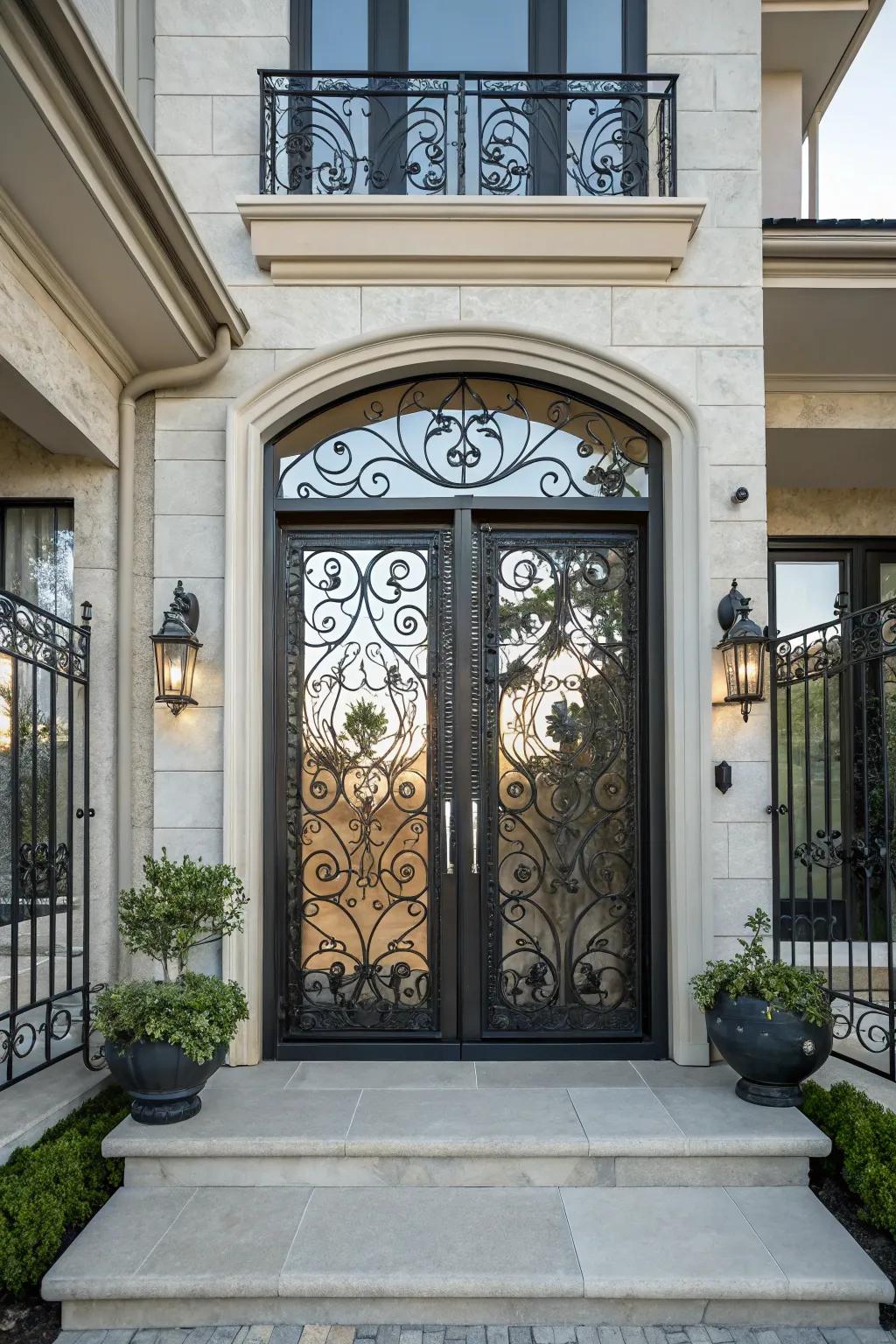 An industrial iron door with intricate patterns.