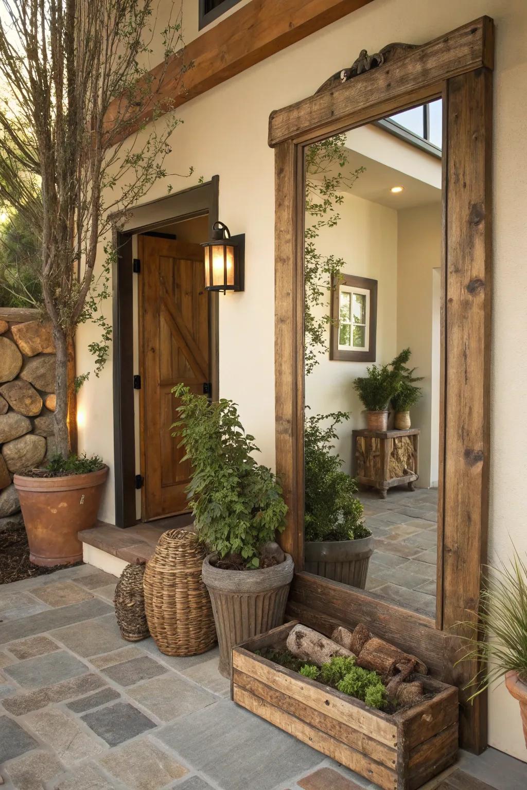 Country warmth is captured with a recycled wood-framed mirror in the entrance.