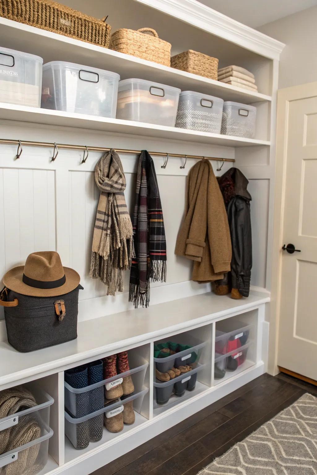 See-through containers maintain visible and organized items within this mudroom.
