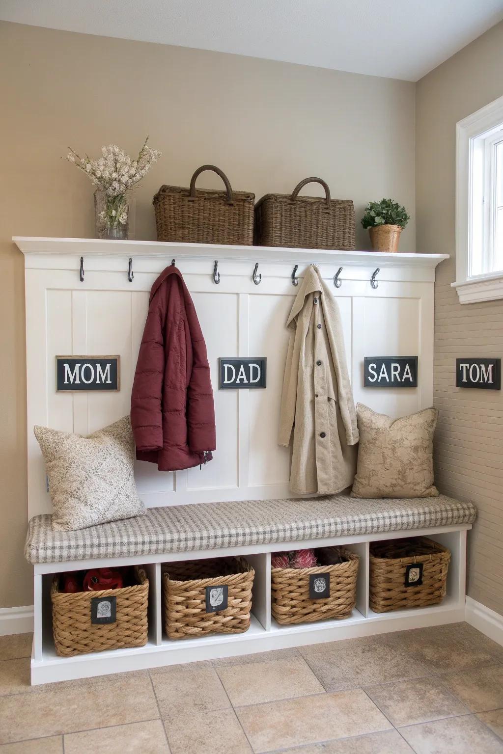 Containers tidily store personal items and minimize clutter.