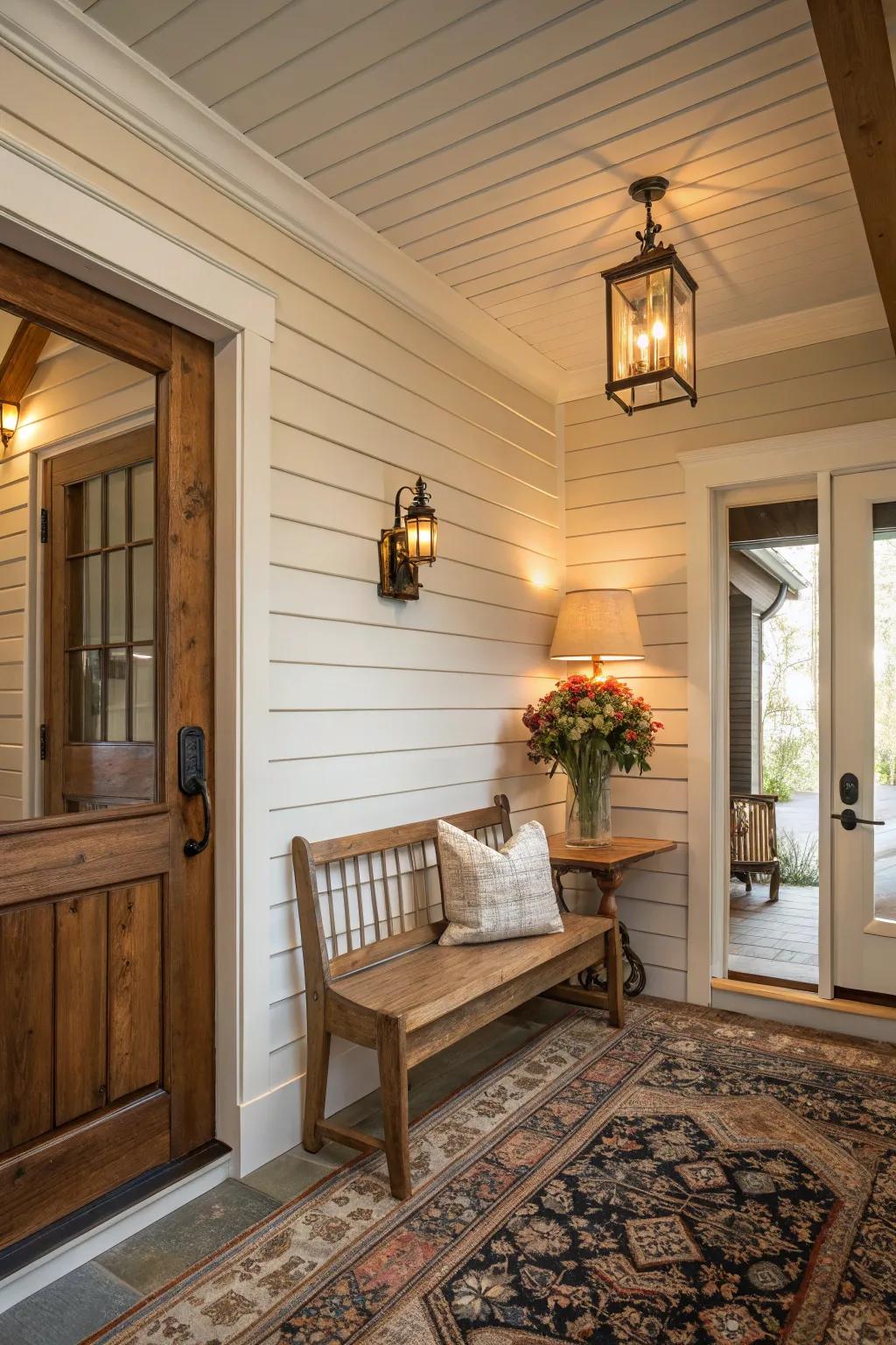 Create a cozy environment with rustic interlocking plank paneling.
