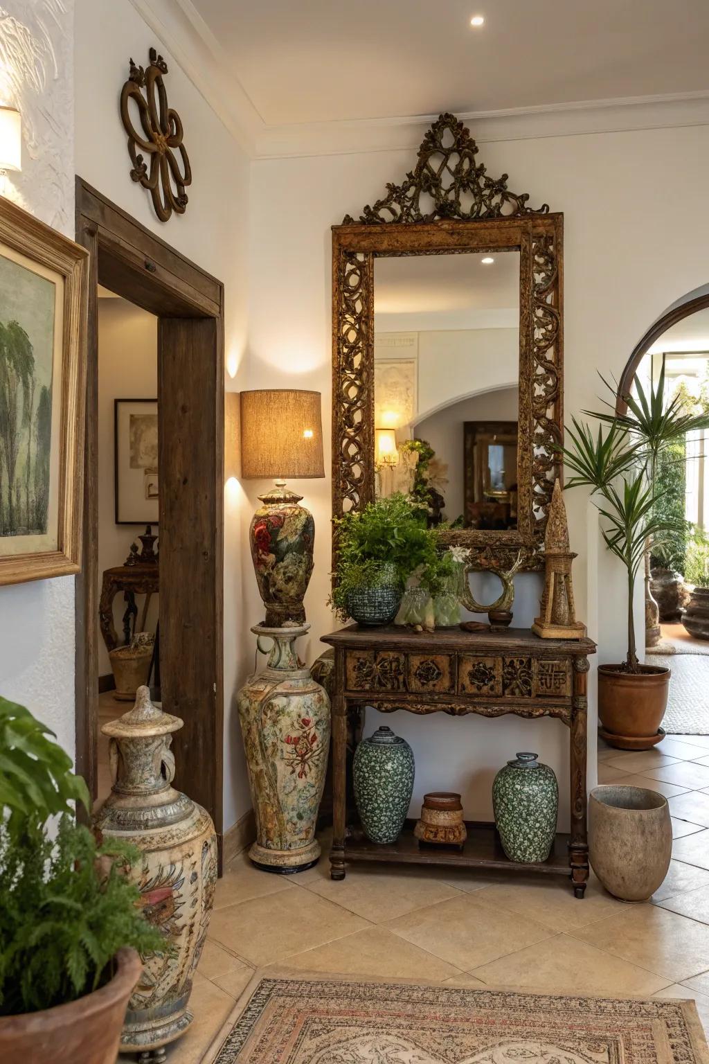 Vintage artifacts enrich foyer decor with history and distinctiveness.