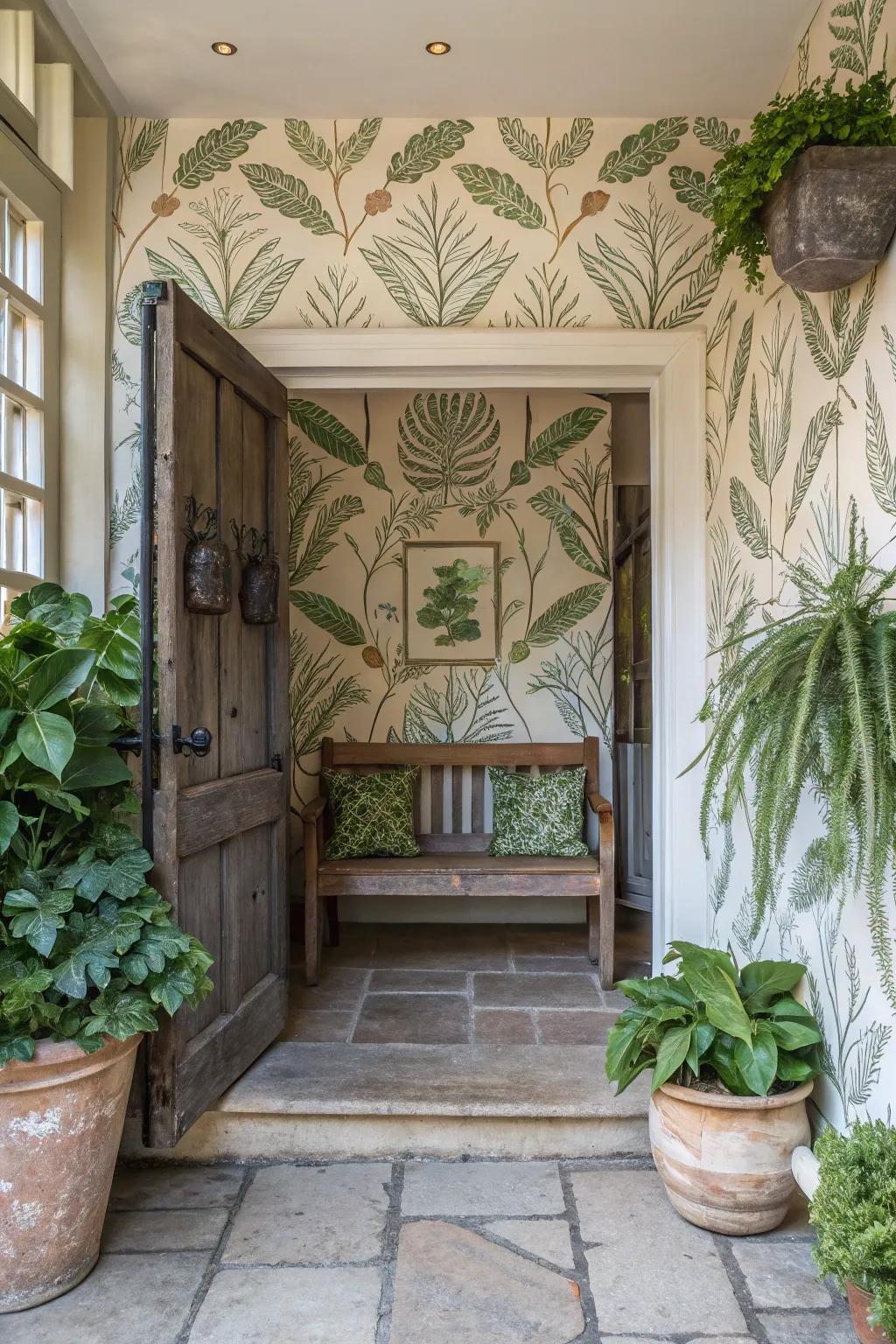 A serene entryway showcases nature-inspired wallpaper, cultivating a tranquil ambiance.