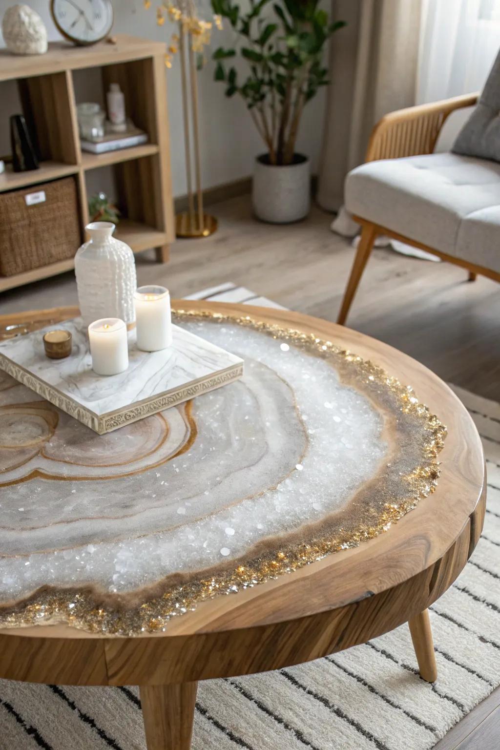 Uncover the enchantment of geodes through this mesmerizing epoxy coffee table, where artistry converges with nature's marvels.