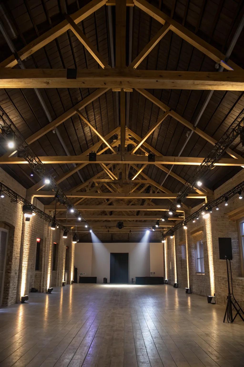 Theatrical elevated lighting enhances the room's spaciousness.