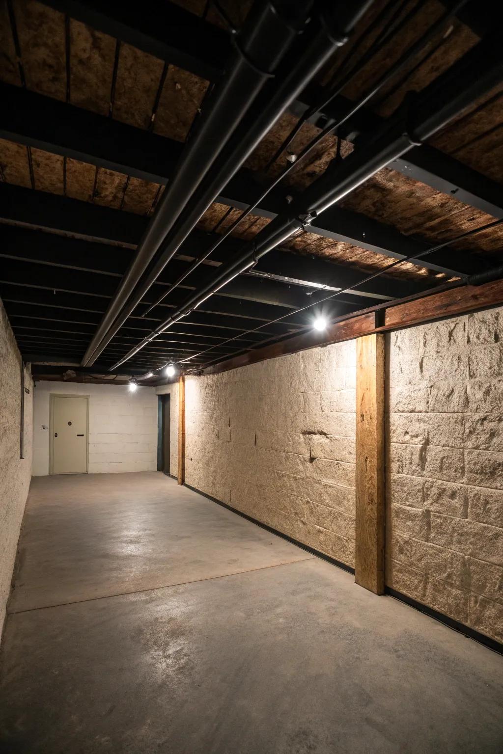 Develop visual interest through contrasting hue and texture in your basement layout.