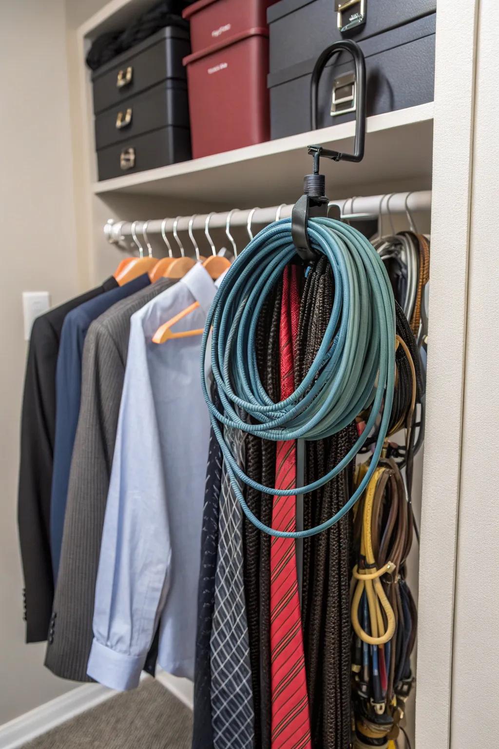 Repurpose a tie rack for systematized and tangle-free cord storage.
