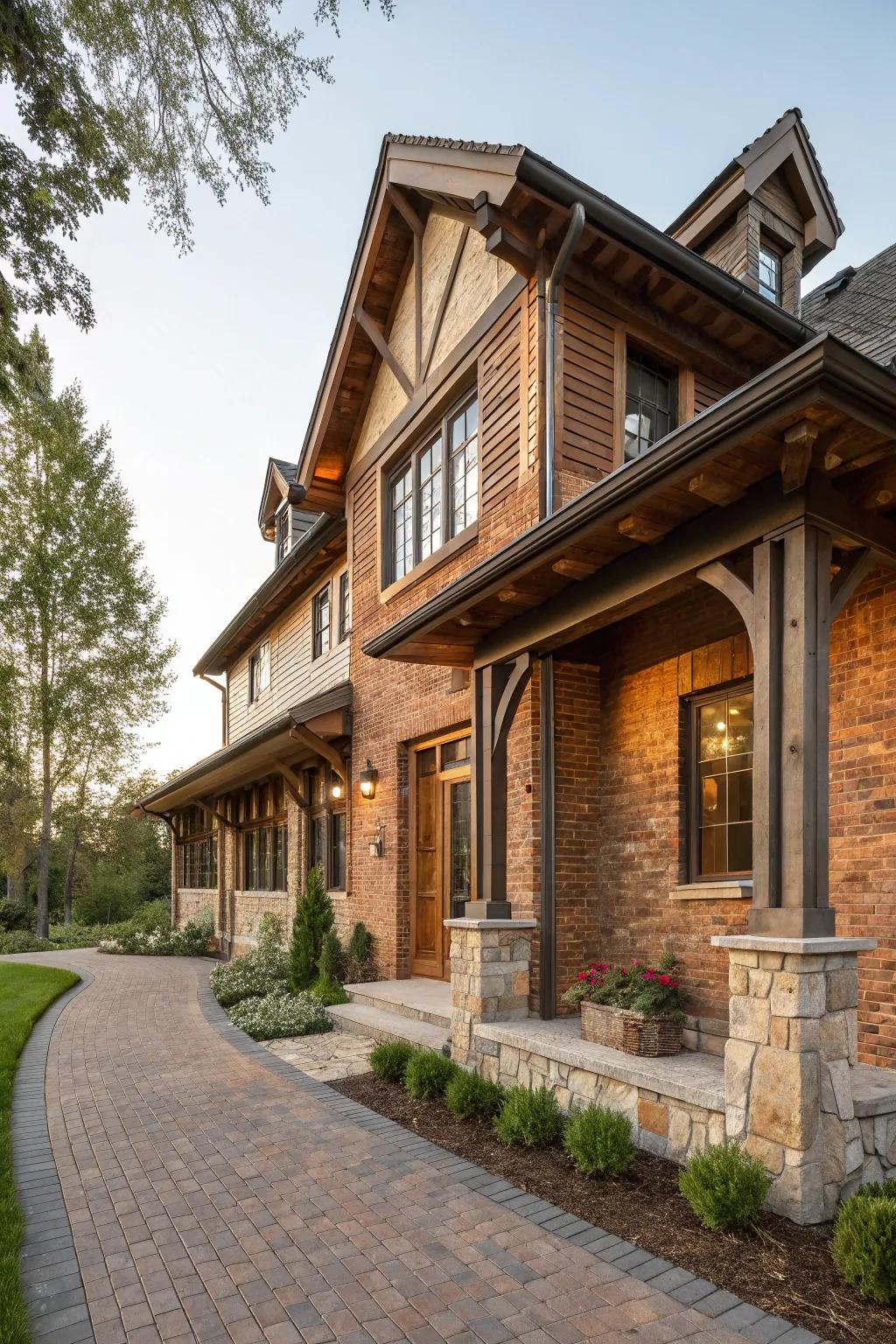 Blending materials like wood and stone with brick results in a dynamic aesthetic.