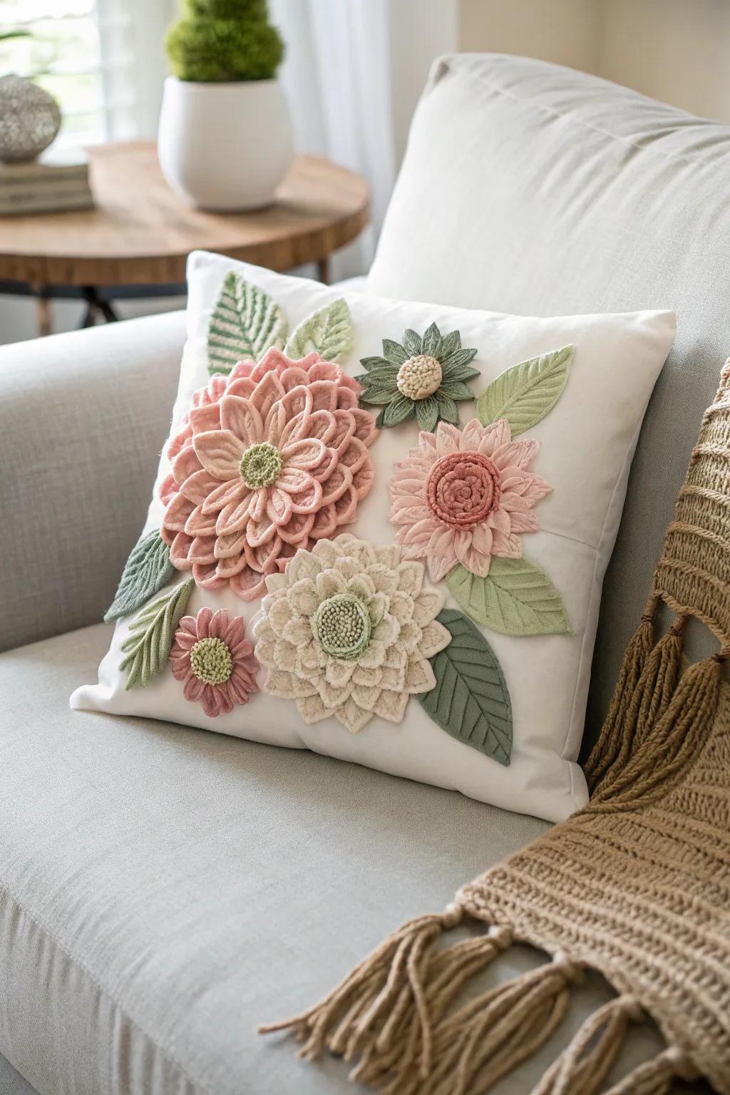 Transform your space with the understated charm of textile blossoms on throw cushions, where Scandinavian minimalism merges with Boho elegance.