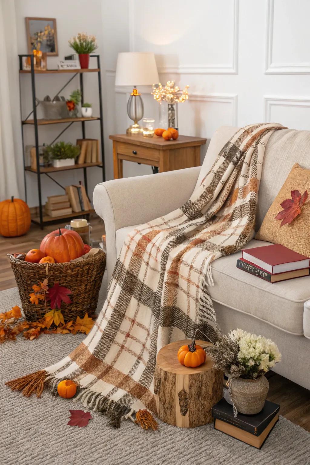 Tartan textiles bring warmth and elegance to a fall-styled living room.