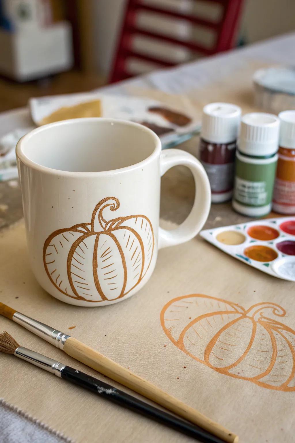A DIY stenciled cup featuring a pumpkin design.