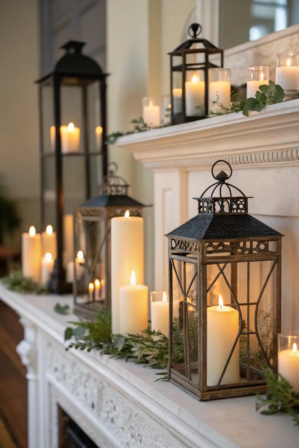 Lights and vessels thoughtfully arranged for symmetrical balance on a fall mantel.