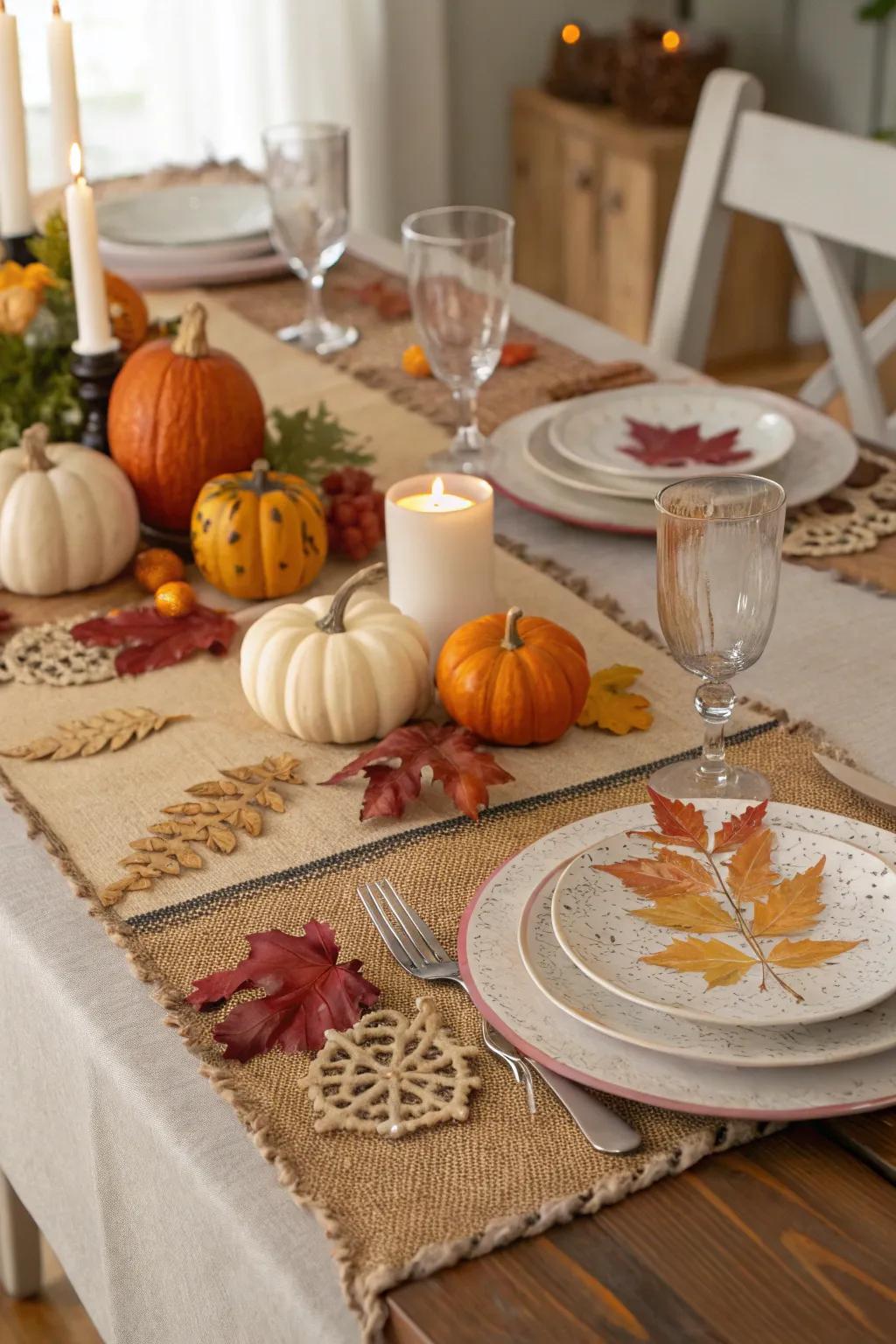 Burlap runners offer a rustic foundation for your fall table settings.