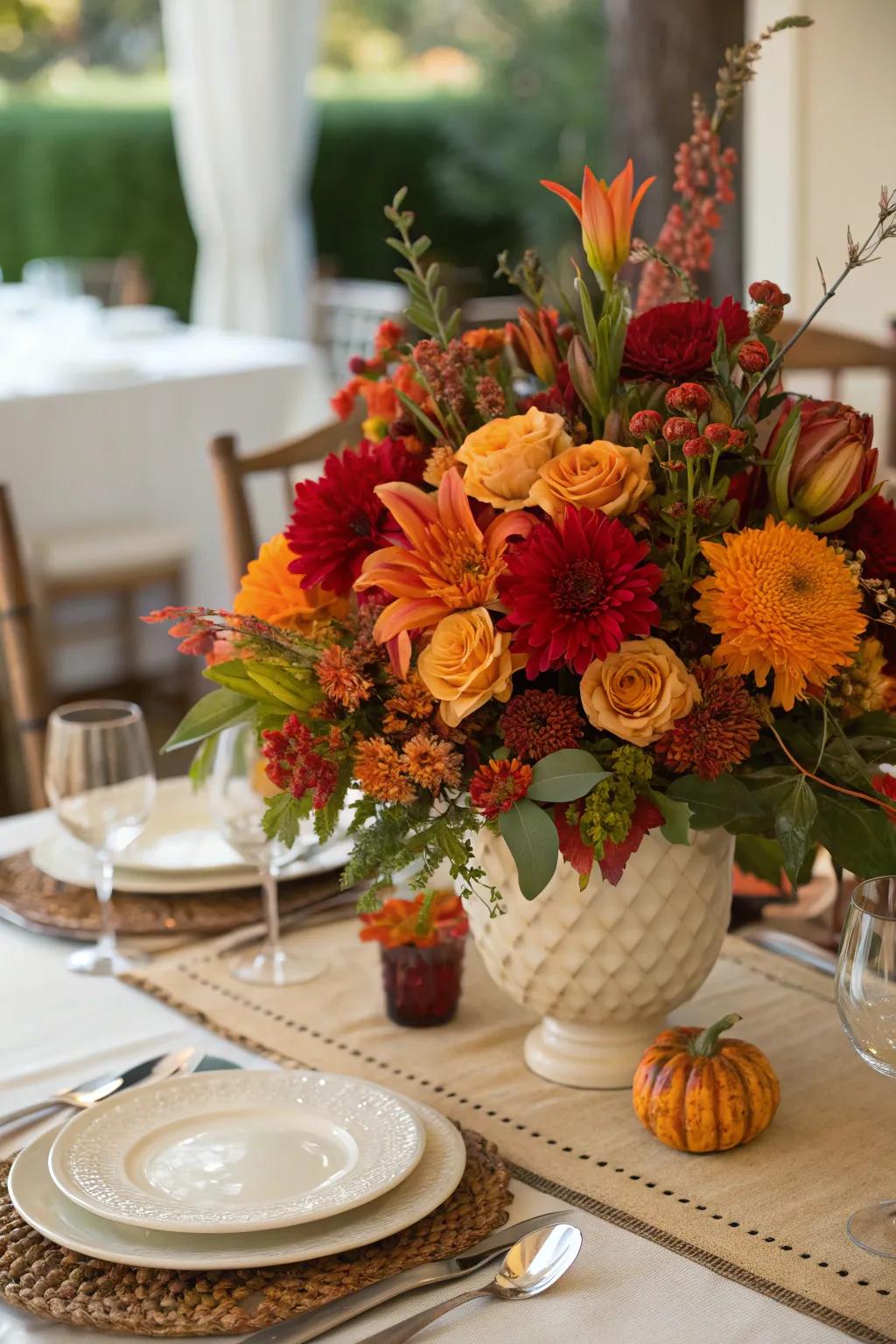 Bring warmth by mixing genuine and artificial autumn blossoms.