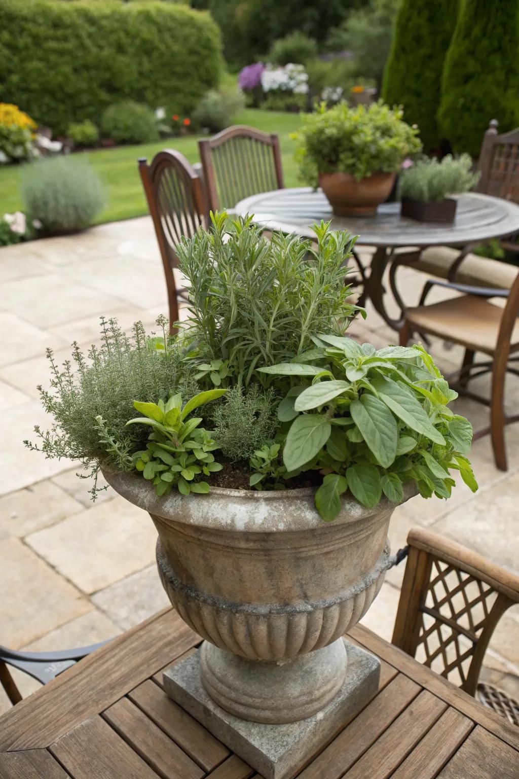 Fragrant greens within an autumnal pot display.