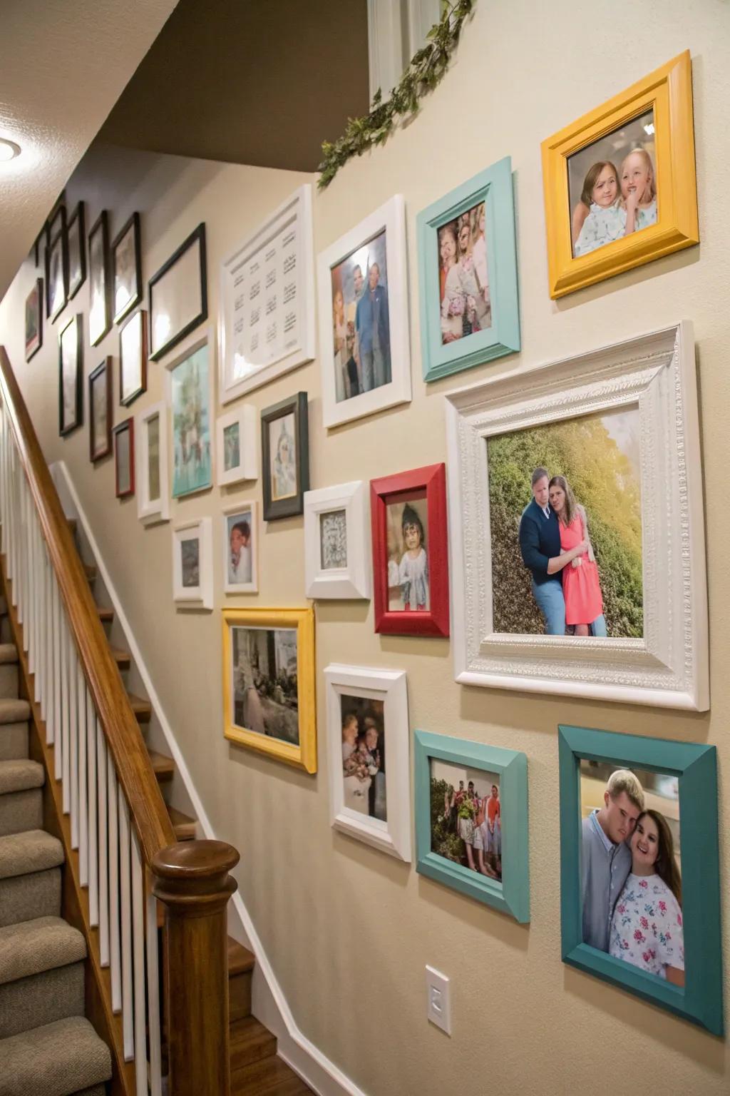 Themed gallery wall with color-coordinated photos.