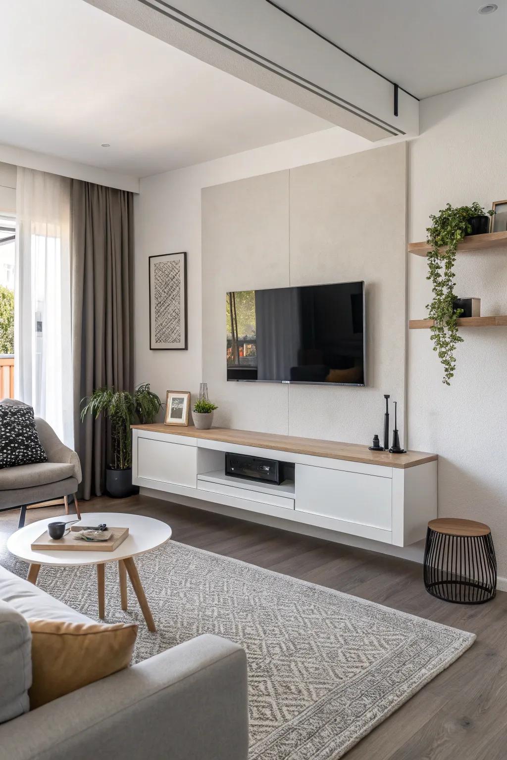 A minimalist floating console keeps the TV area sleek and tidy.