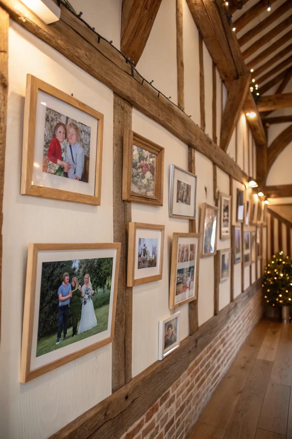 A countryside family wall featuring wood-crafted frames that add warmth and charm.