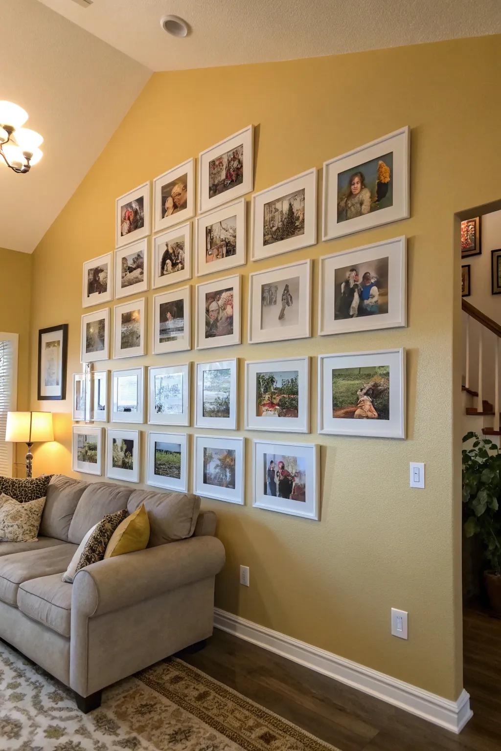 Symmetry brings harmony to a family photo wall.