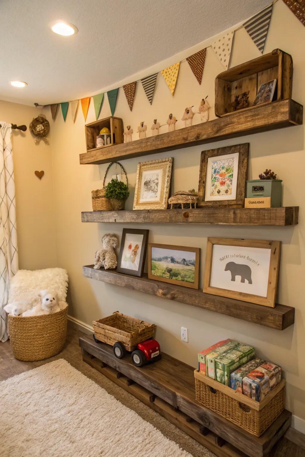 Weathered wood introduces warmth and texture to a farm creature nursery.