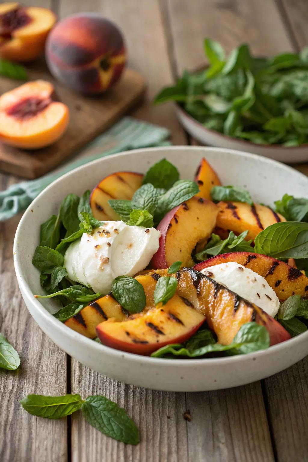 Flame-kissed stone fruit and burrata creation, a match made in culinary heaven.