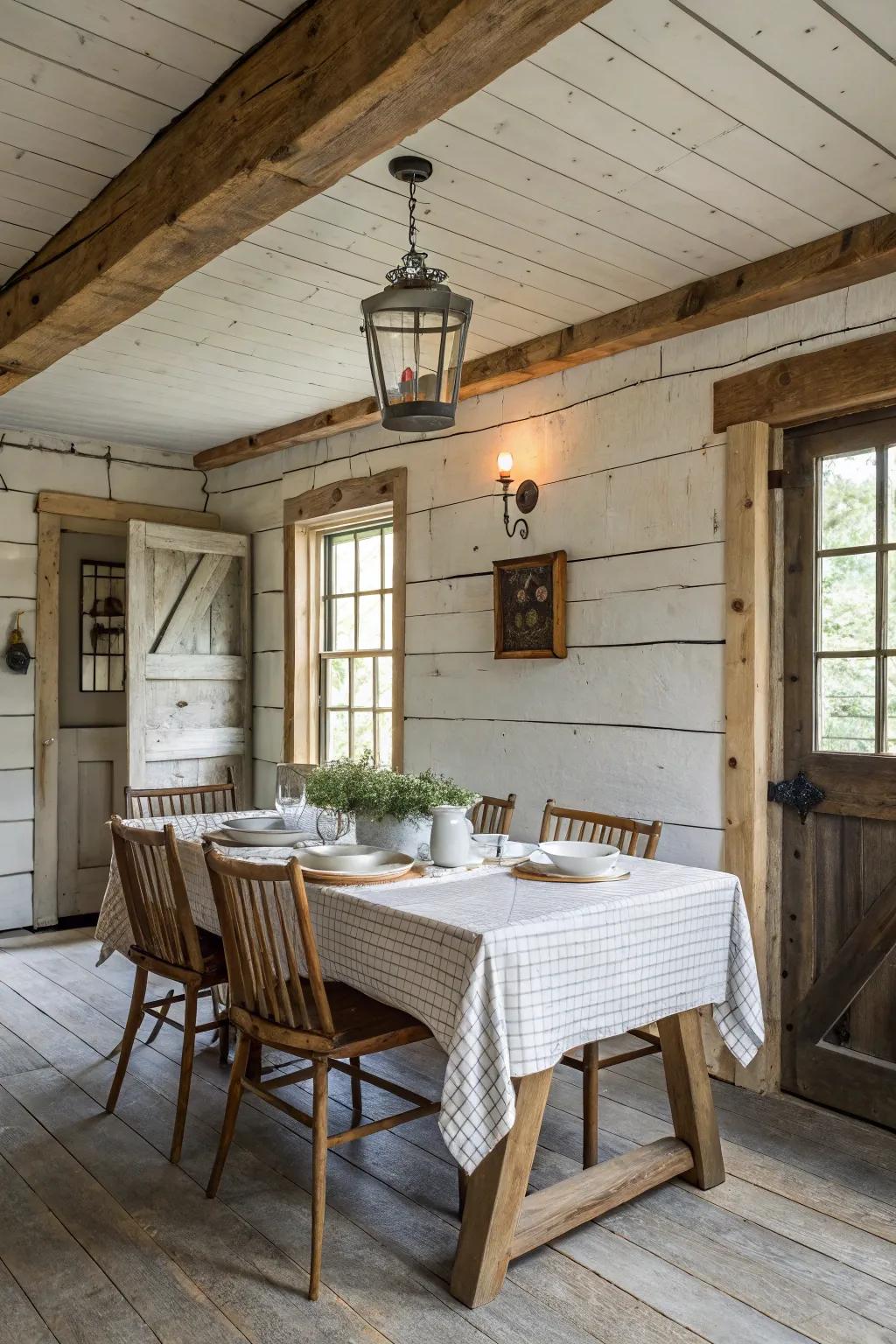 Shiplap walls deliver a timeless farmhouse feel to this snug dining area.