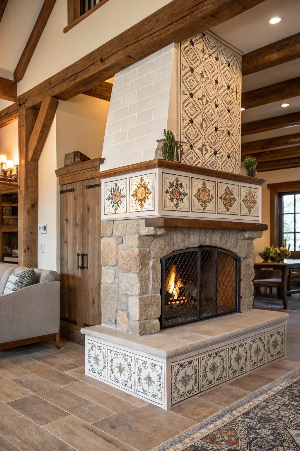 A visually rich farmhouse fireplace featuring a mix of materials.