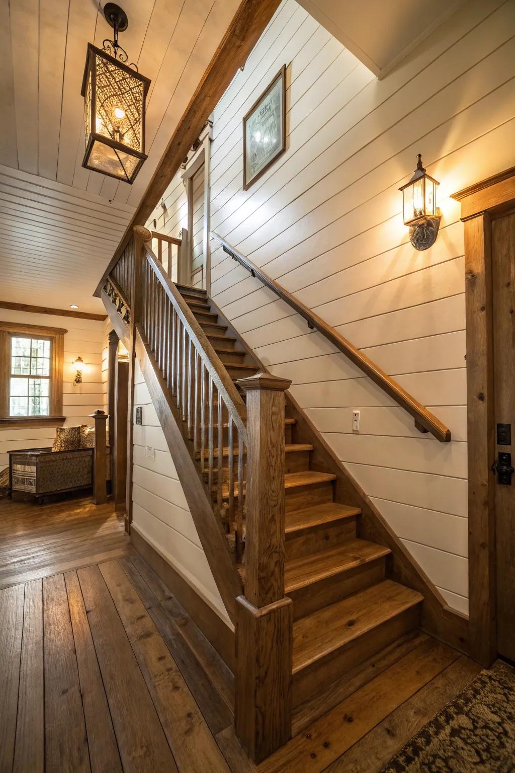 The rustic charm of your staircase is enhanced by shiplap walls.