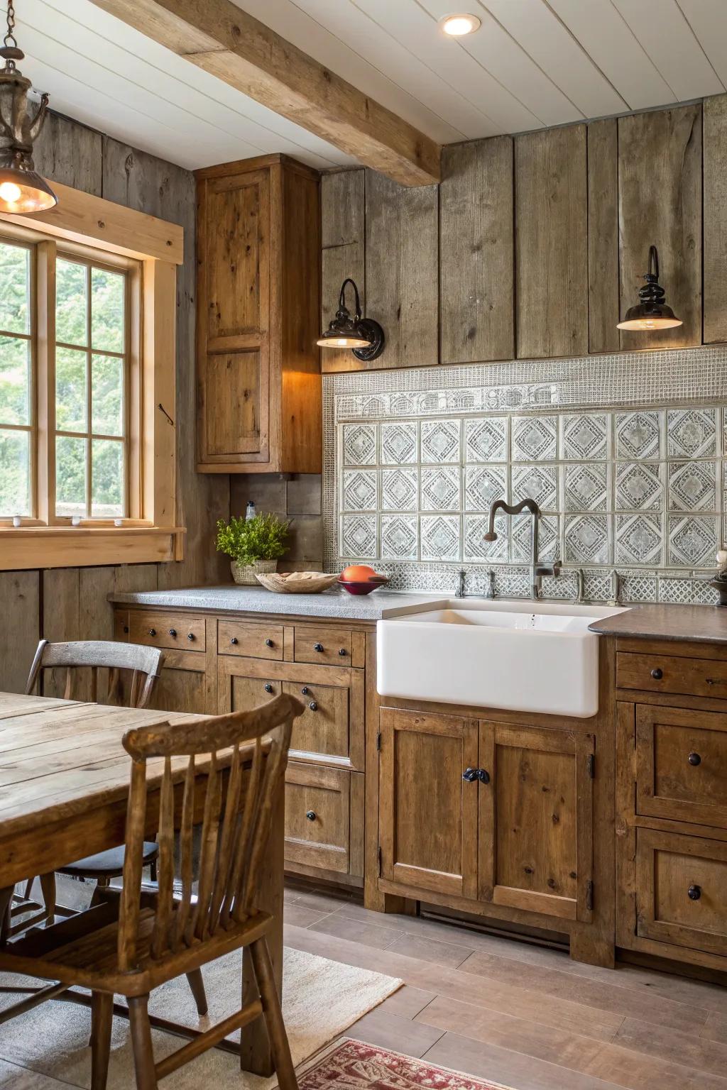 A farmhouse kitchen boasting a period-inspired metal panel backsplash.