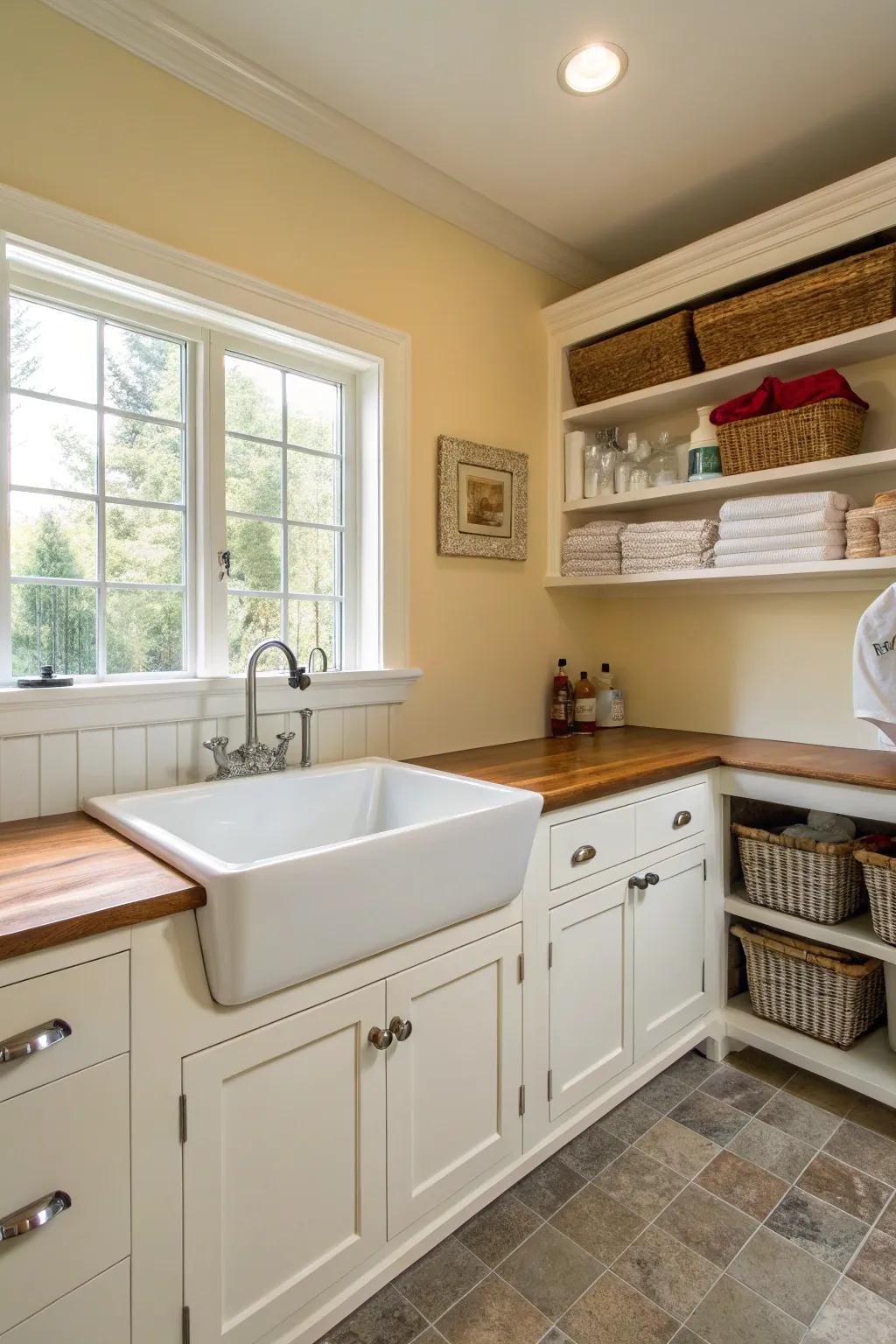 A farmhouse basin blends utility with ageless design in this laundry area.
