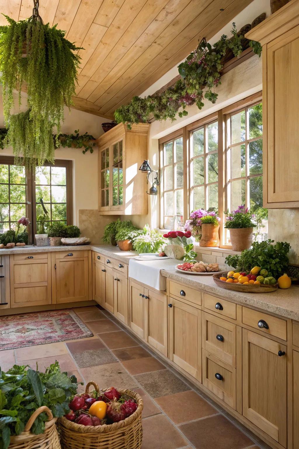 Greenery introduces a natural dimension to a kitchen fitted with light wood units.