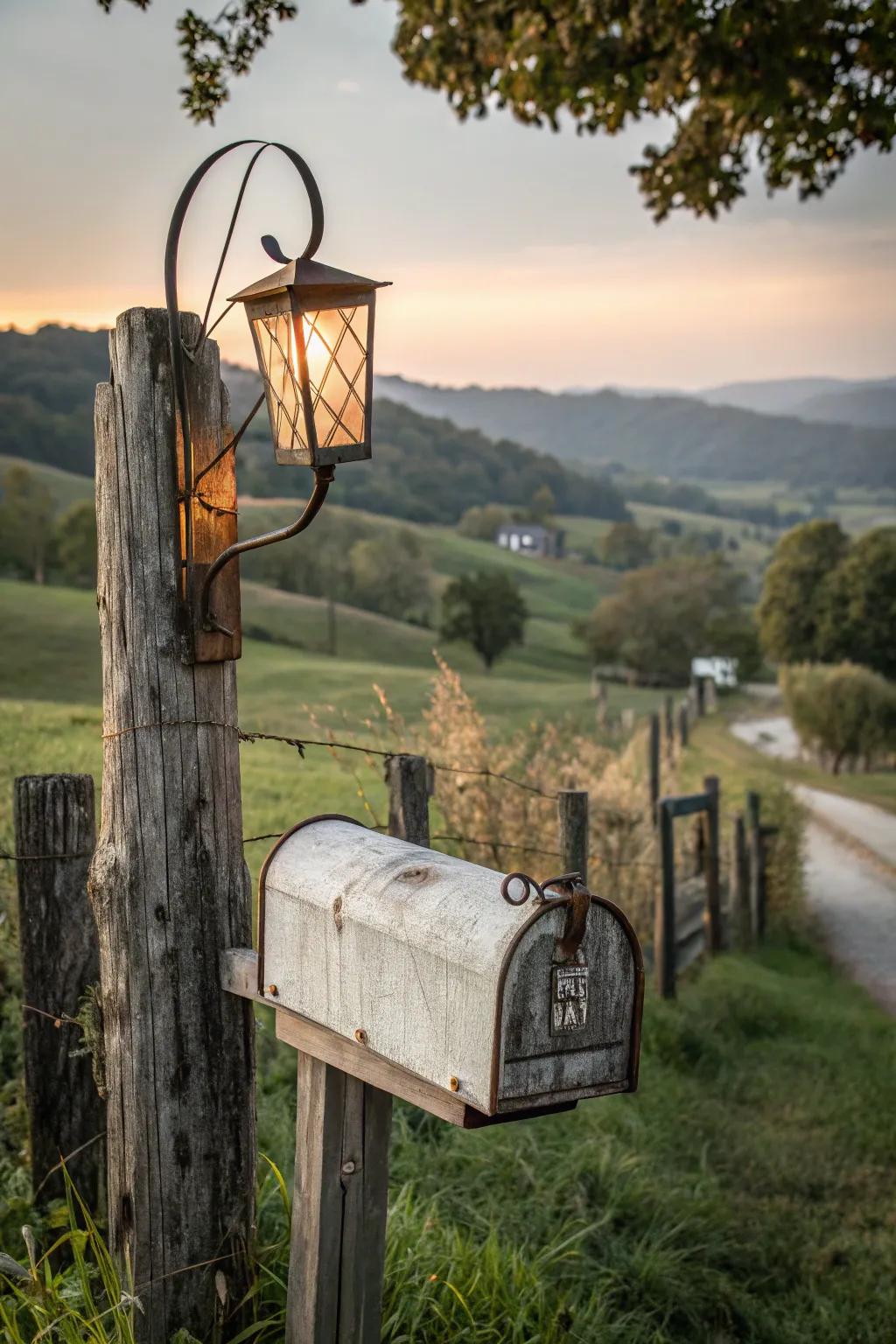 A pendant lantern adds warmth and charm to this farmhouse letterbox.