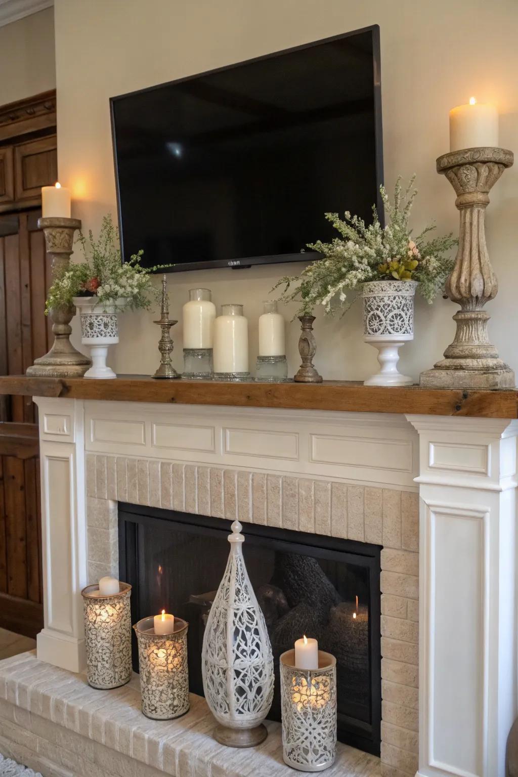 Farmhouse mantel, featuring a TV above, accented with fashionable vessels and light.