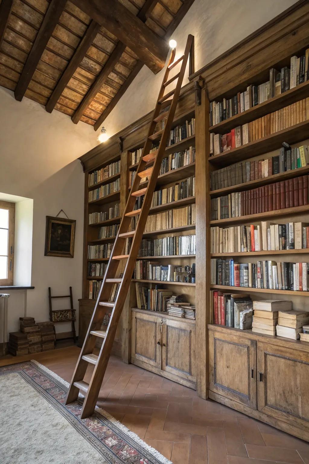 Conjure a library ambiance with towering bookshelves and a rolling ladder.