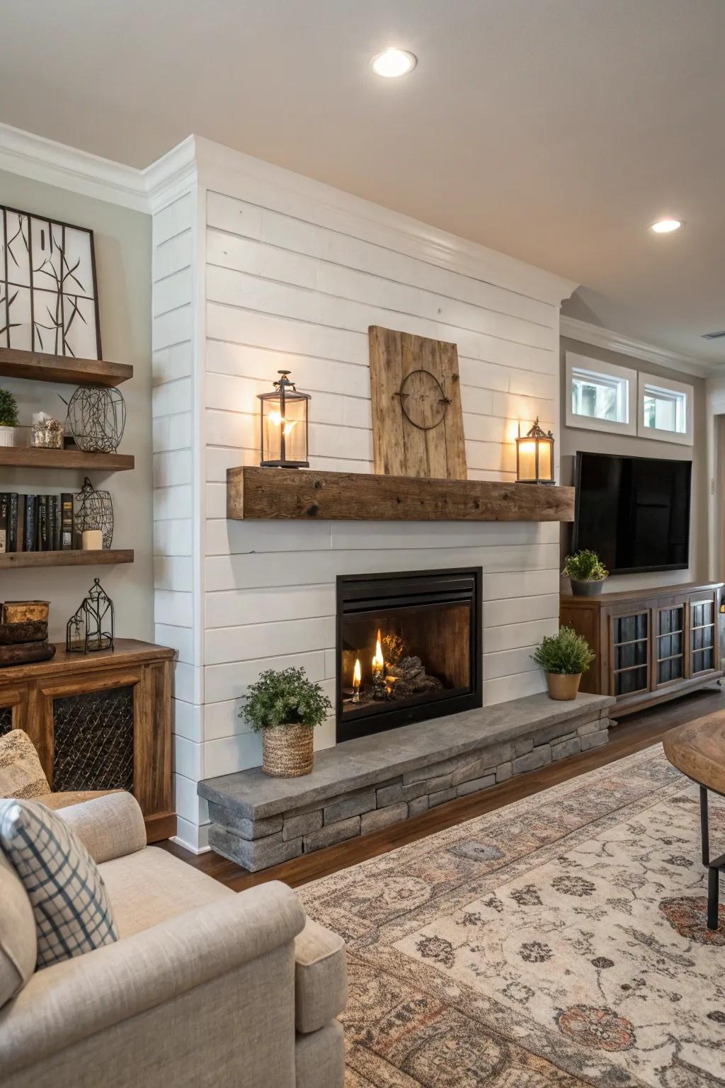 A convergence of rustic and contemporary aspects fashions an elegant fireplace.