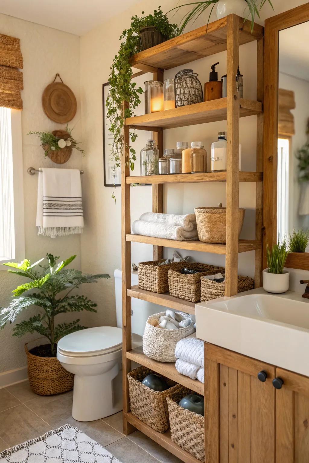 Open timber shelving delivers fashionable storage in this farmhouse bathroom.